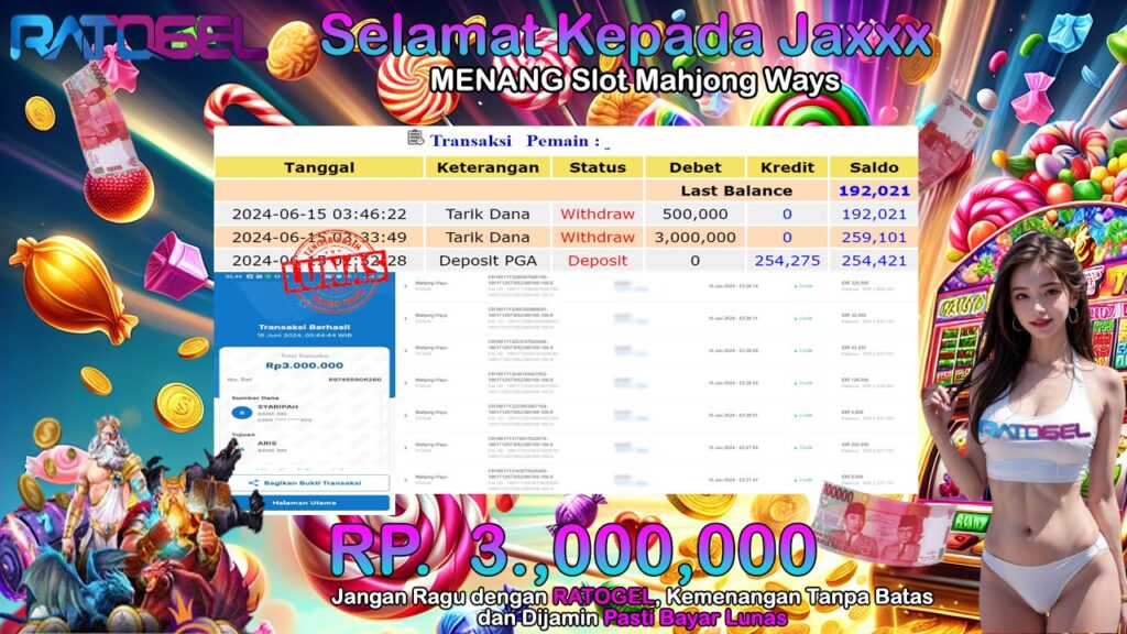 BUKTI JACKPOT SLOT MAHJONG WAYS TERPERCAYA DI INDONESIA tgl 15-06-2024