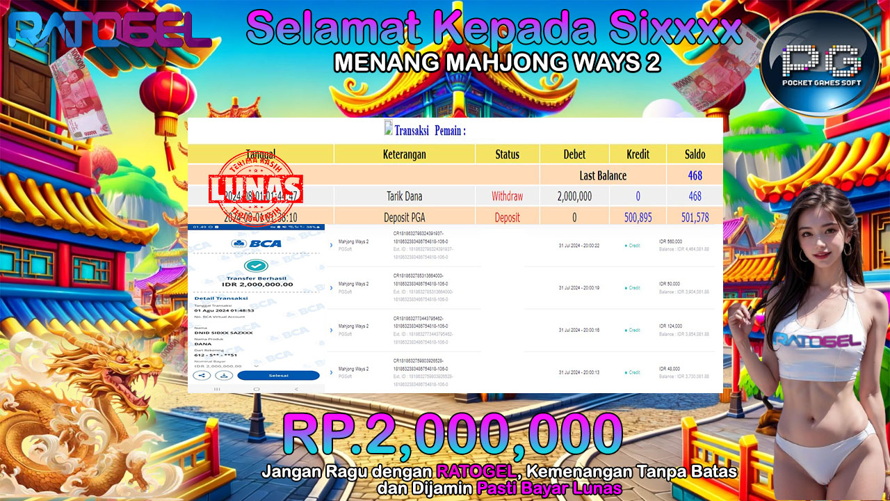 BUKTI JACKPOT SLOT MAHJONG WAYS 2 TERPERCAYA DI INDONESIA TGL 01-08-2024