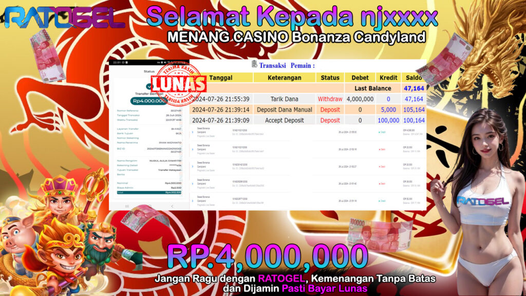 BUKTI JACKPOT CASINO BONANZA CANDYLAND TERPERCAYA DI INDONESIA TGL 26-07-2024