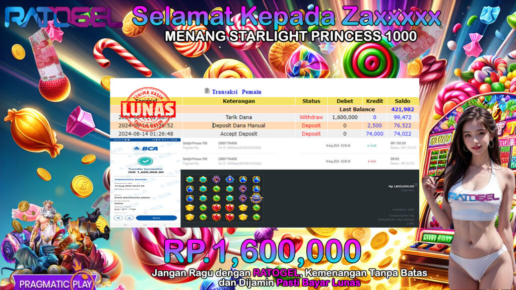 BUKTI JACKPOT SLOT STARLIGHT PRINCESS 1000 TERPERCAYA DI INDONESIA TGL 14-08-2024