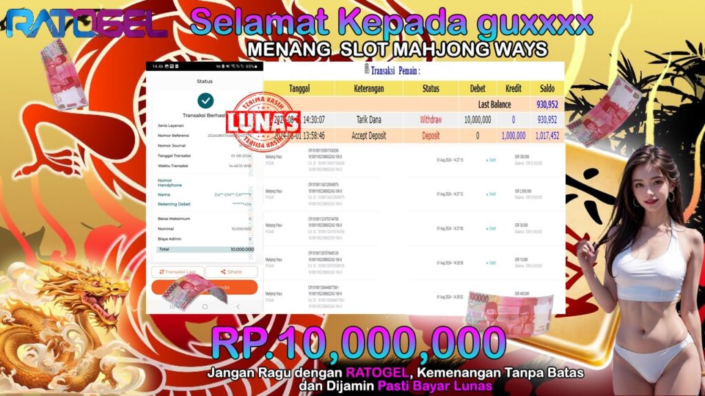 BUKTI JACKPOT SLOT MAHJONG WAYS TERPERCAYA DI INDONESIA TGL 01-08-2024