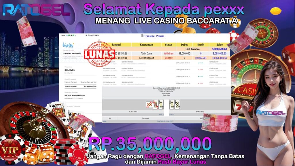 BUKTI JACKPOT LIVE CASINO BACCARAT A TERPERCAYA DI INDONESIA TGL 20-08-2024