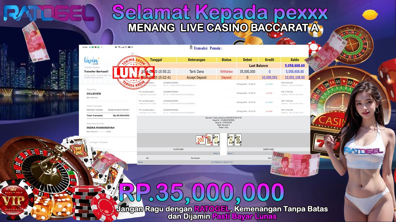 BUKTI JACKPOT LIVE CASINO BACCARAT A TERPERCAYA DI INDONESIA TGL 20-08-2024